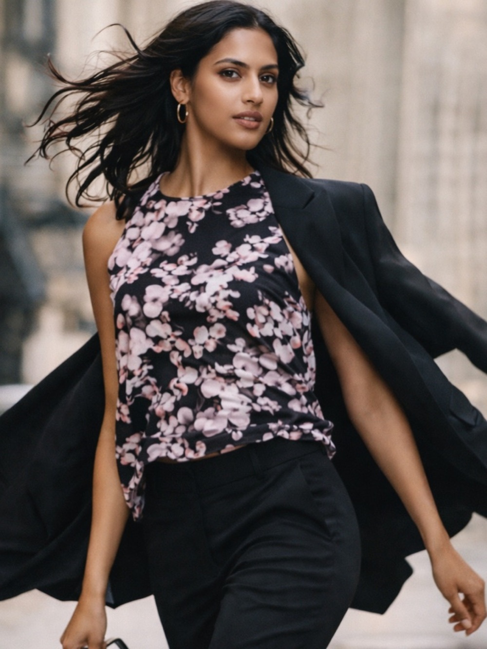 Banana Republic Black and Pink Floral Tank Top